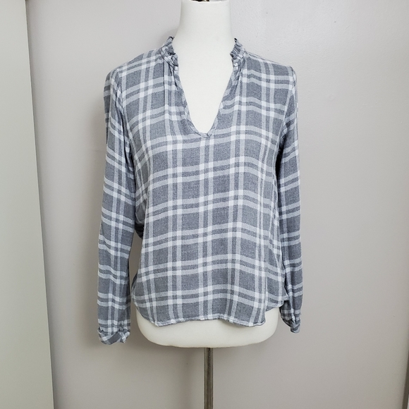 Anthropologie Cloth & Stone Plaid Ruffle Collar Top - Picture 6 of 13